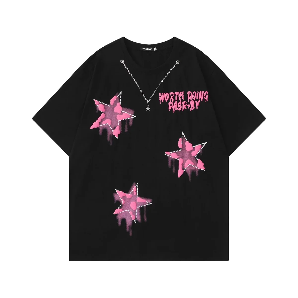 Black Pink Star Print T-Shirt Streetwear