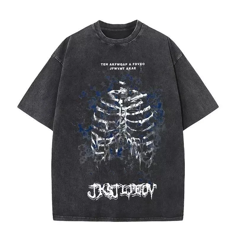21 Black Distressed T-Shirt with Skeleton Print
