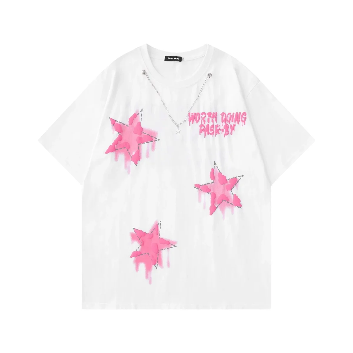 Unisex White Pink Star Print T-Shirt
