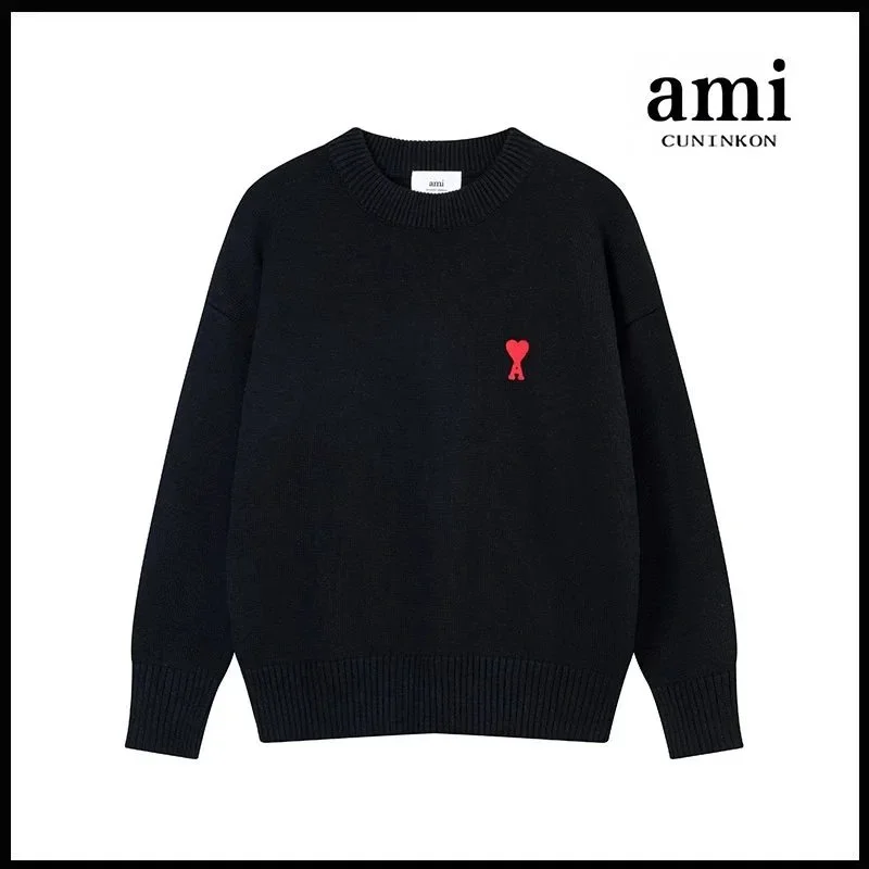 AMI A8115中爱心圆领棉纱款 Black Crewneck Sweater