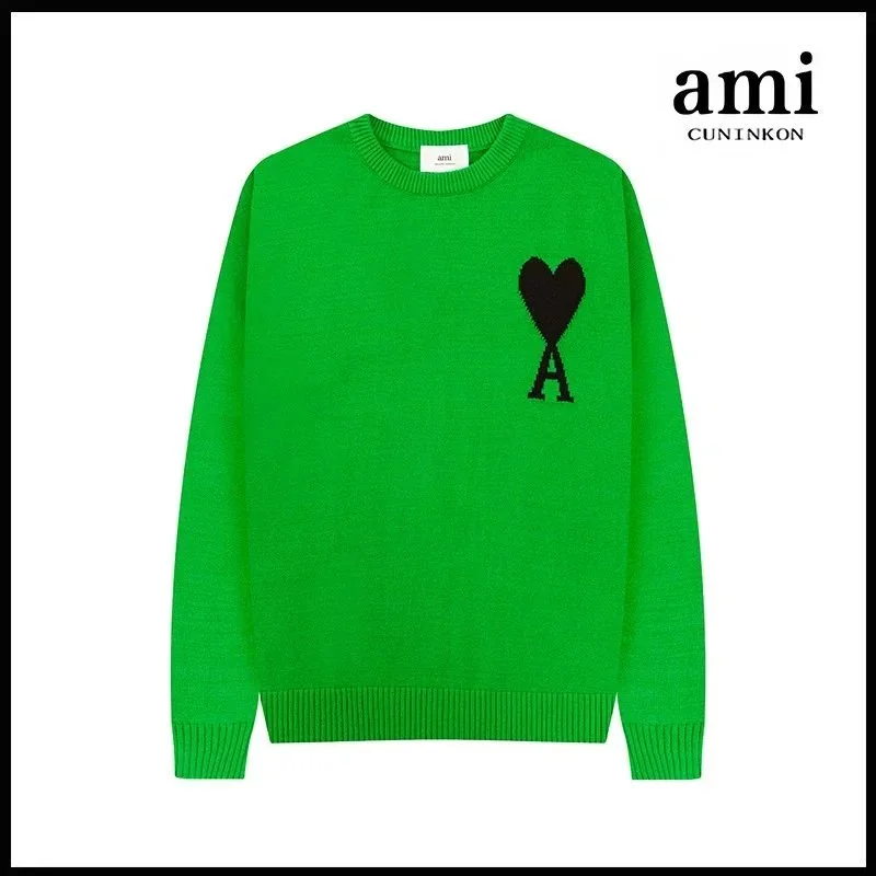 AMI A8草绿提花圆领毛衣