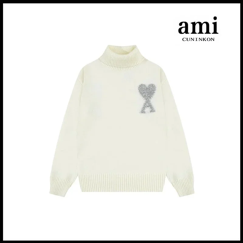 AMI A8149 Silver Heart High Neck Sweater Cream
