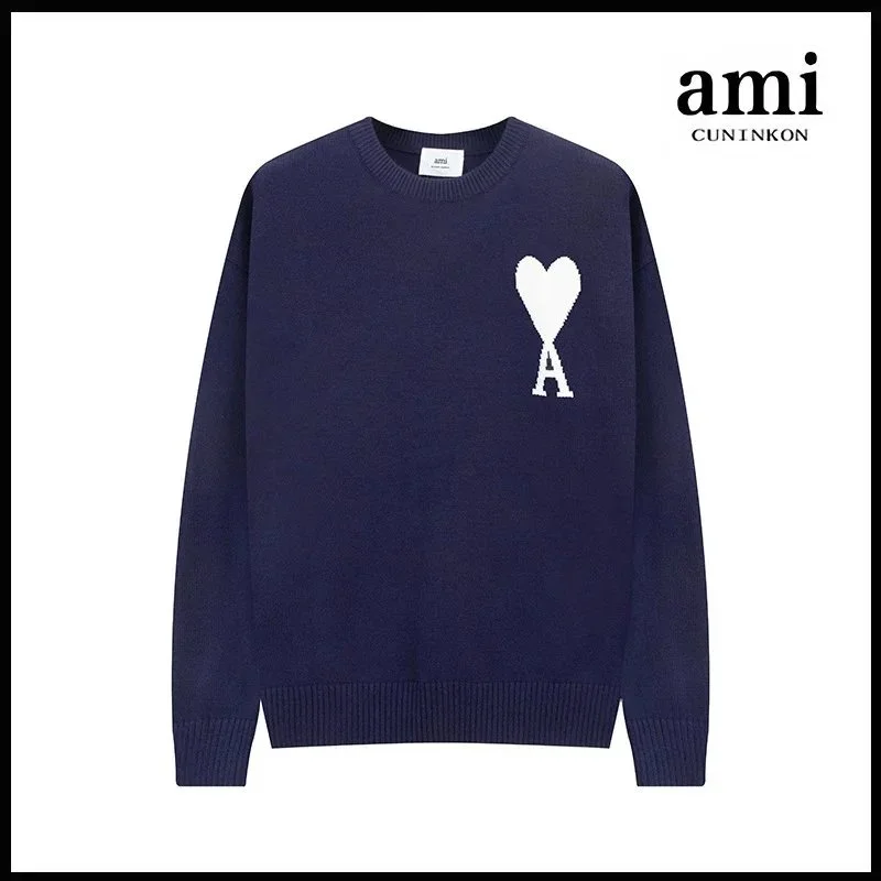 Ami A8深蓝圆领提花毛衣