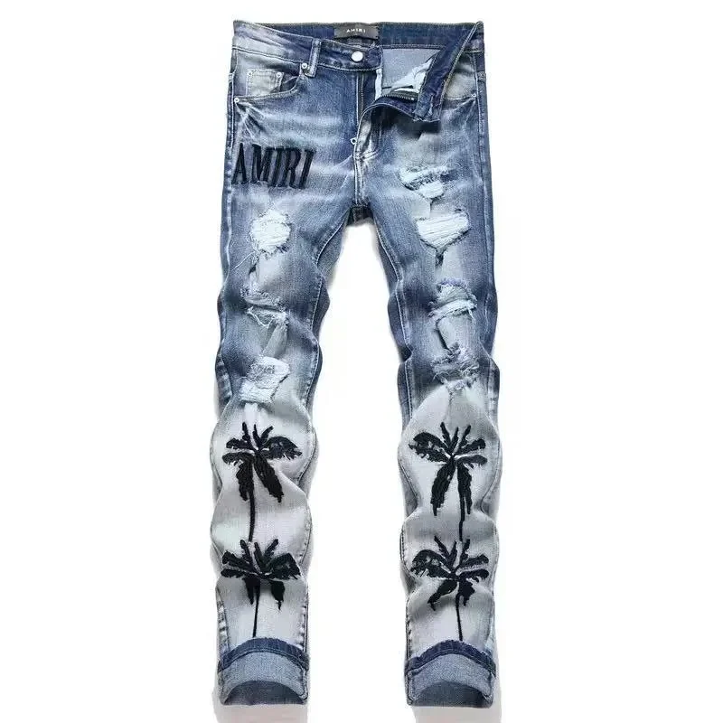 Amiri Palm Tree Embroidered Distressed Jeans