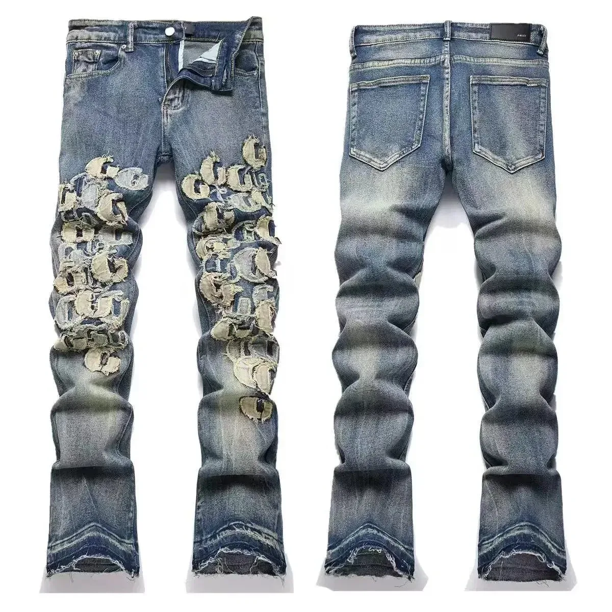 Distressed Denim Jeans with Patchwork Design