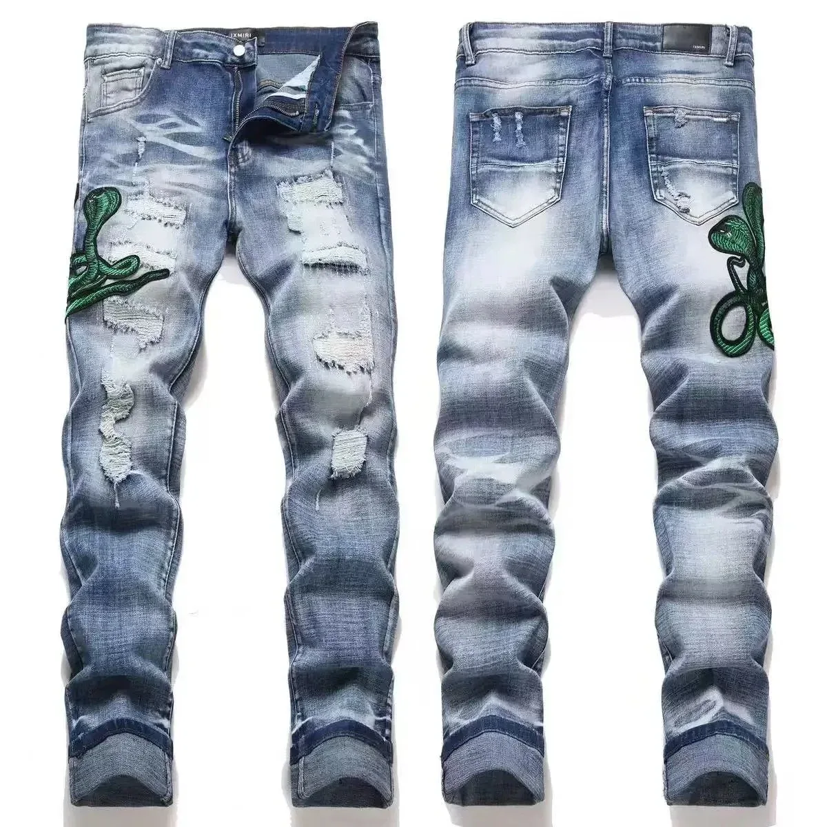 Slim Fit Distressed Jeans with Green Snake Embroidery