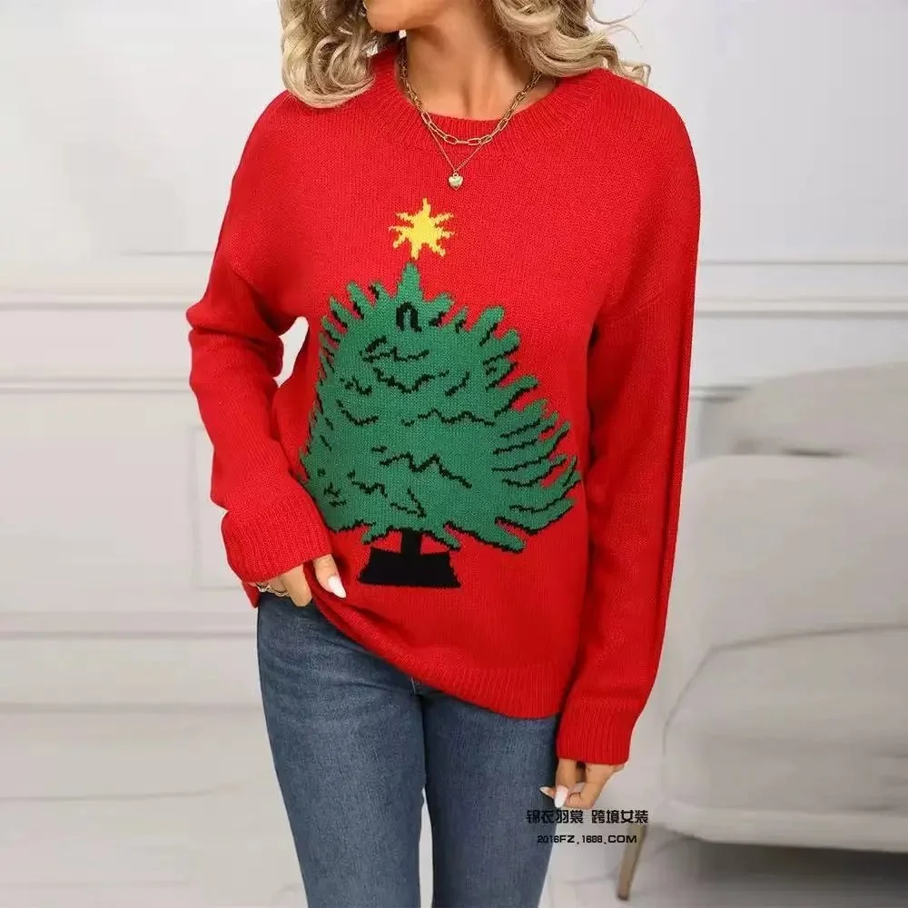 Red Christmas Tree Knit Sweater Women's Casual