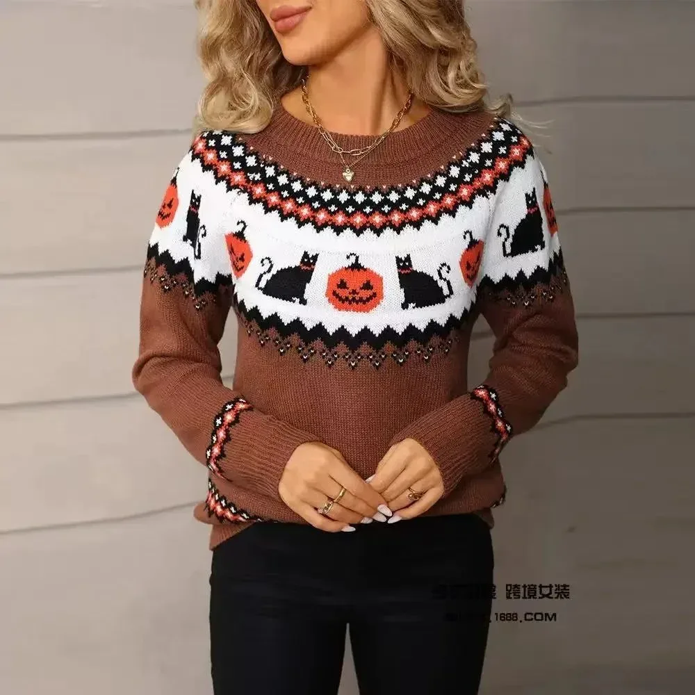Halloween Cat & Pumpkin Knit Sweater