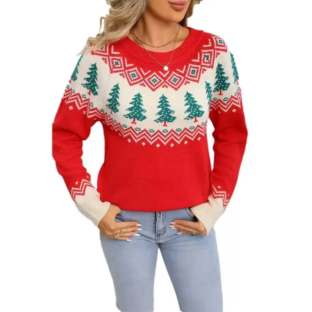 Christmas Tree Print Crewneck Sweater Red/White Casual