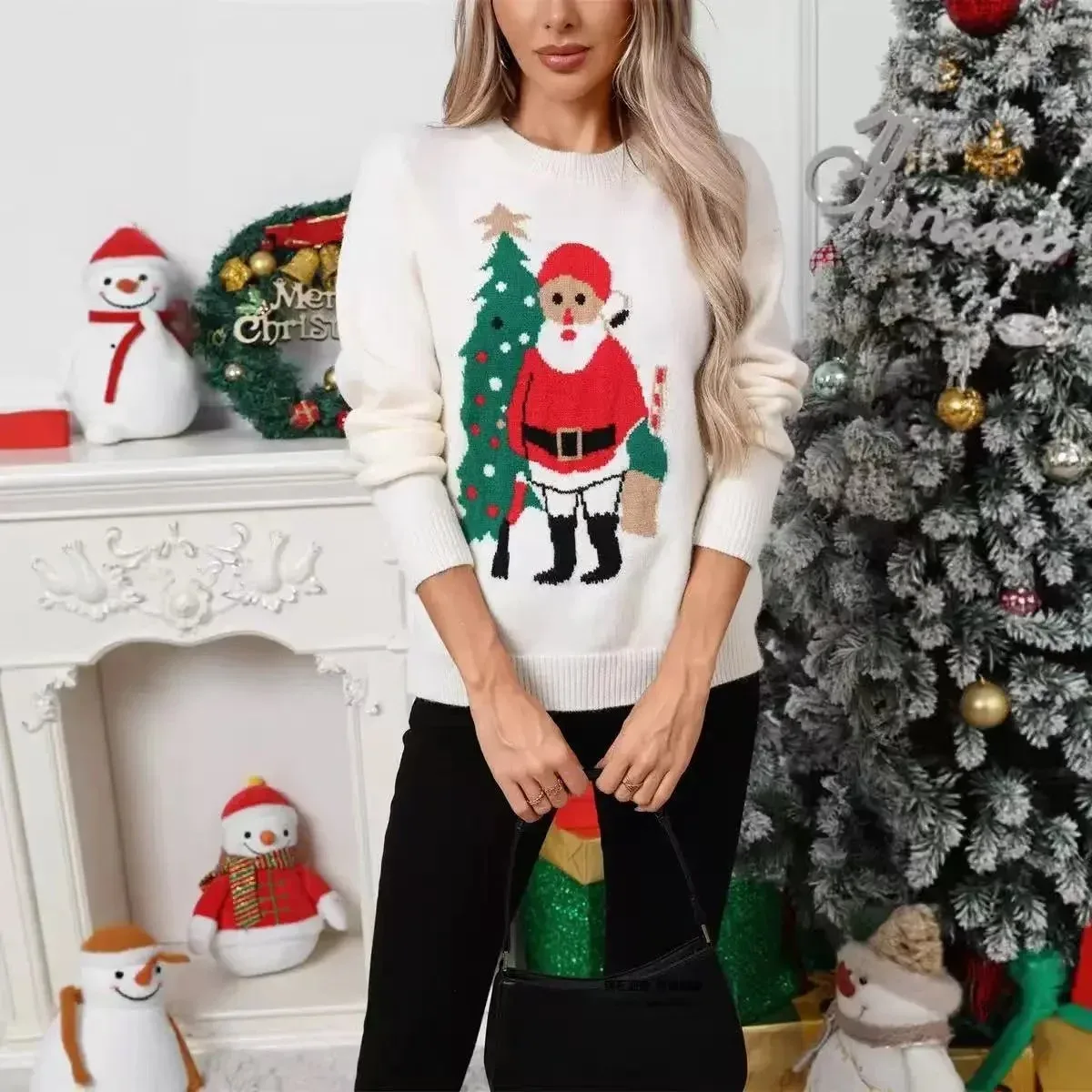 Christmas Santa Print Crewneck Sweater White