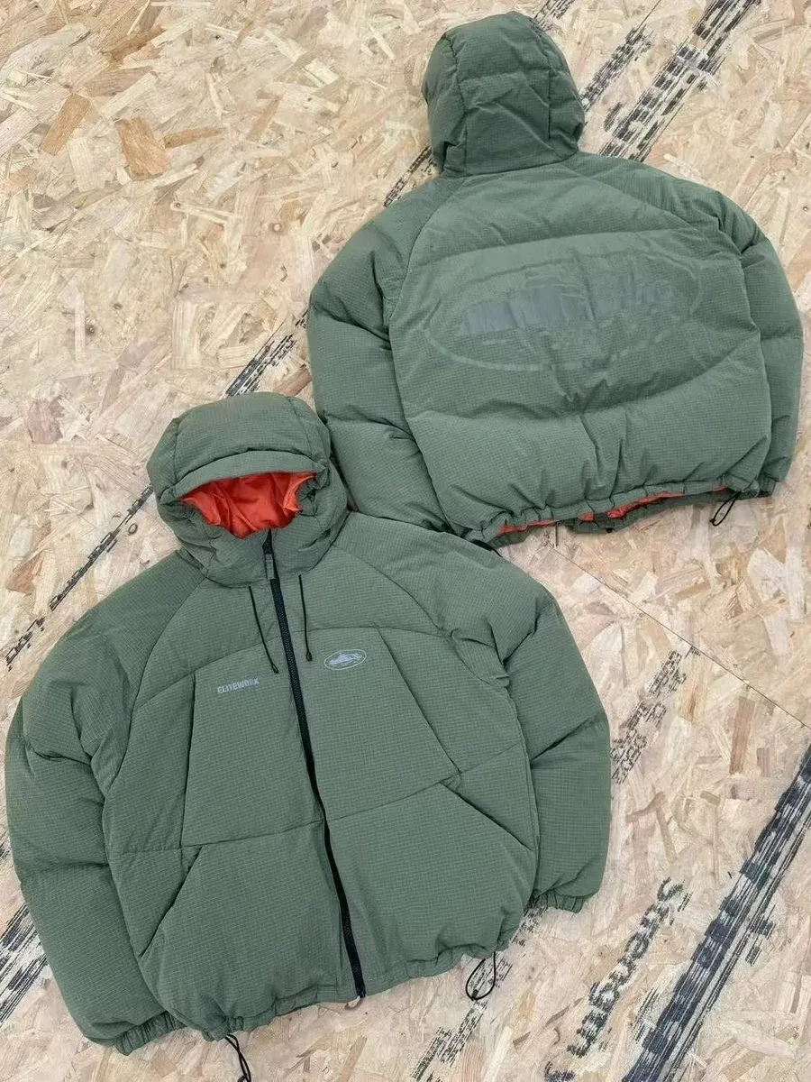 Oversized Green Puffer Jacket with Orange Lining