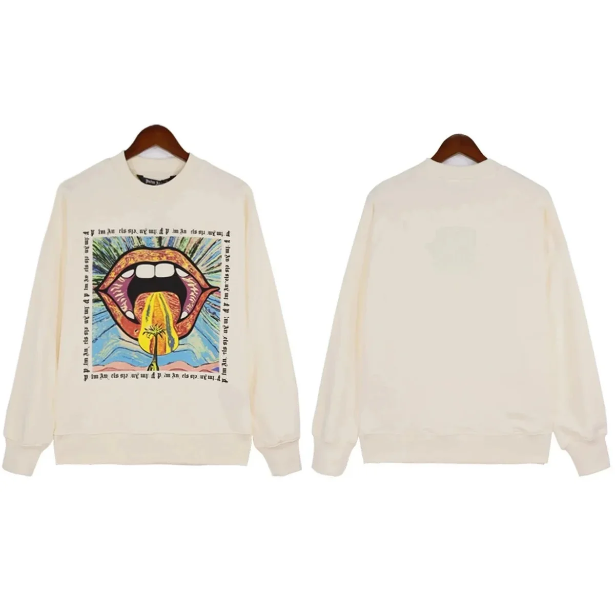 Unisex Beige Tongue Print Crewneck Sweatshirt