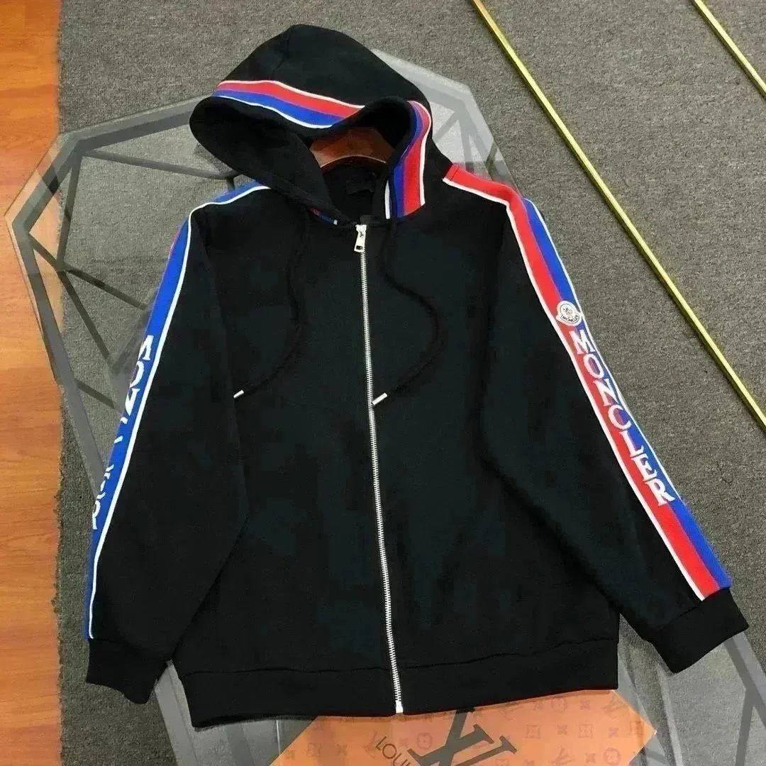 Moncler Black Red Blue Stripe Zip-Up Hoodie