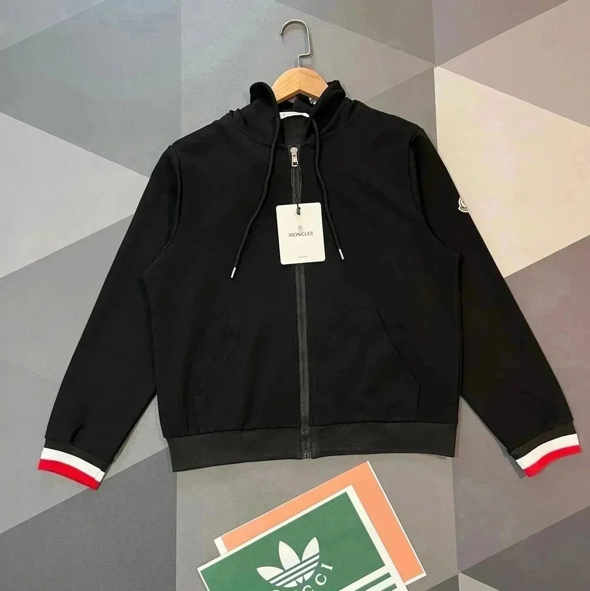 Moncler Black Red/White Trim Hoodie Jacket