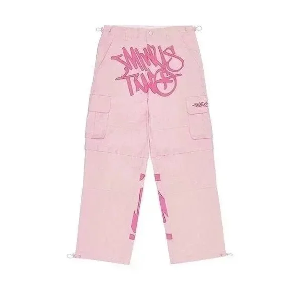 Streetwear Pink Cargo Pants with Graffiti Print