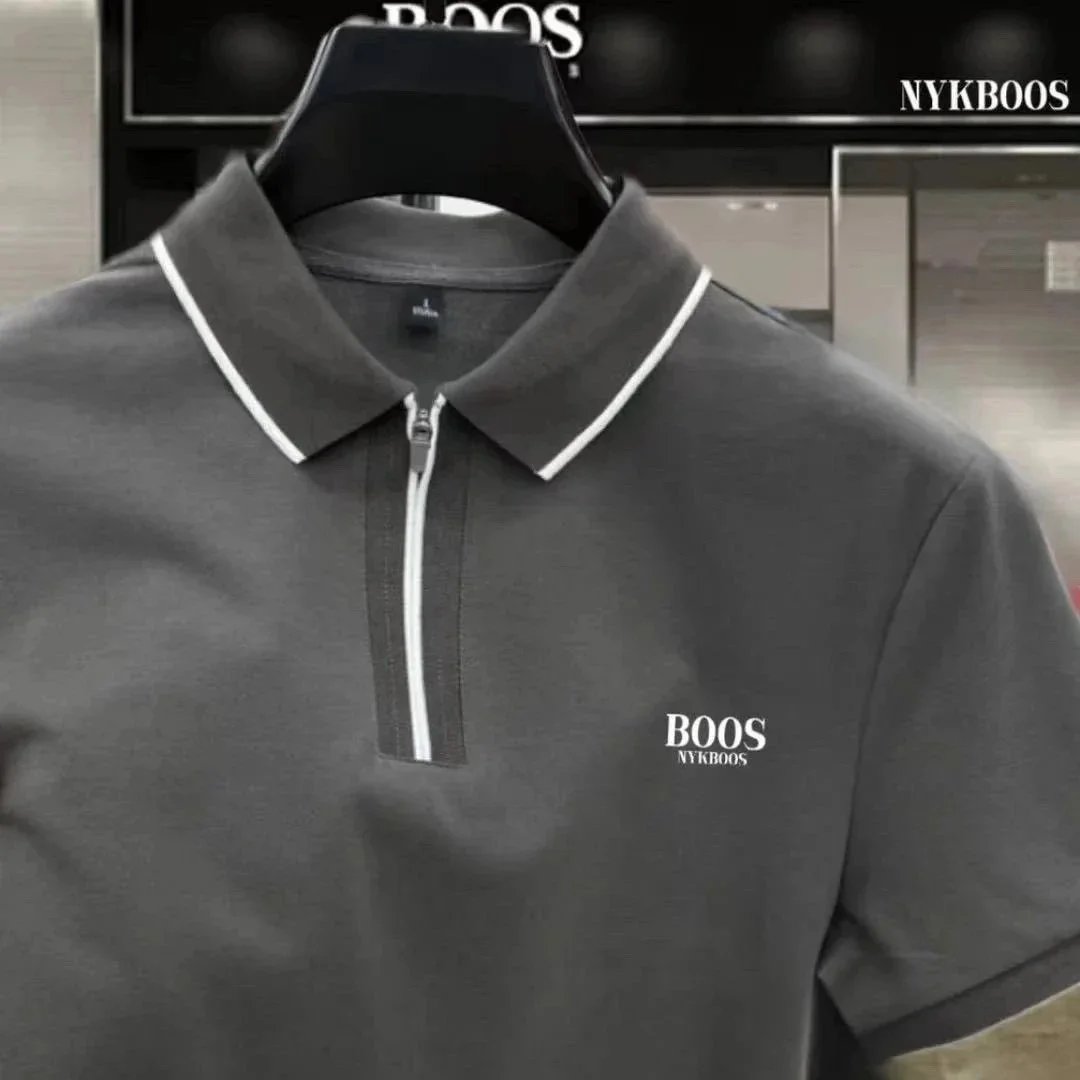 BOOS Dark Grey Polo Shirt with Zipper Detail