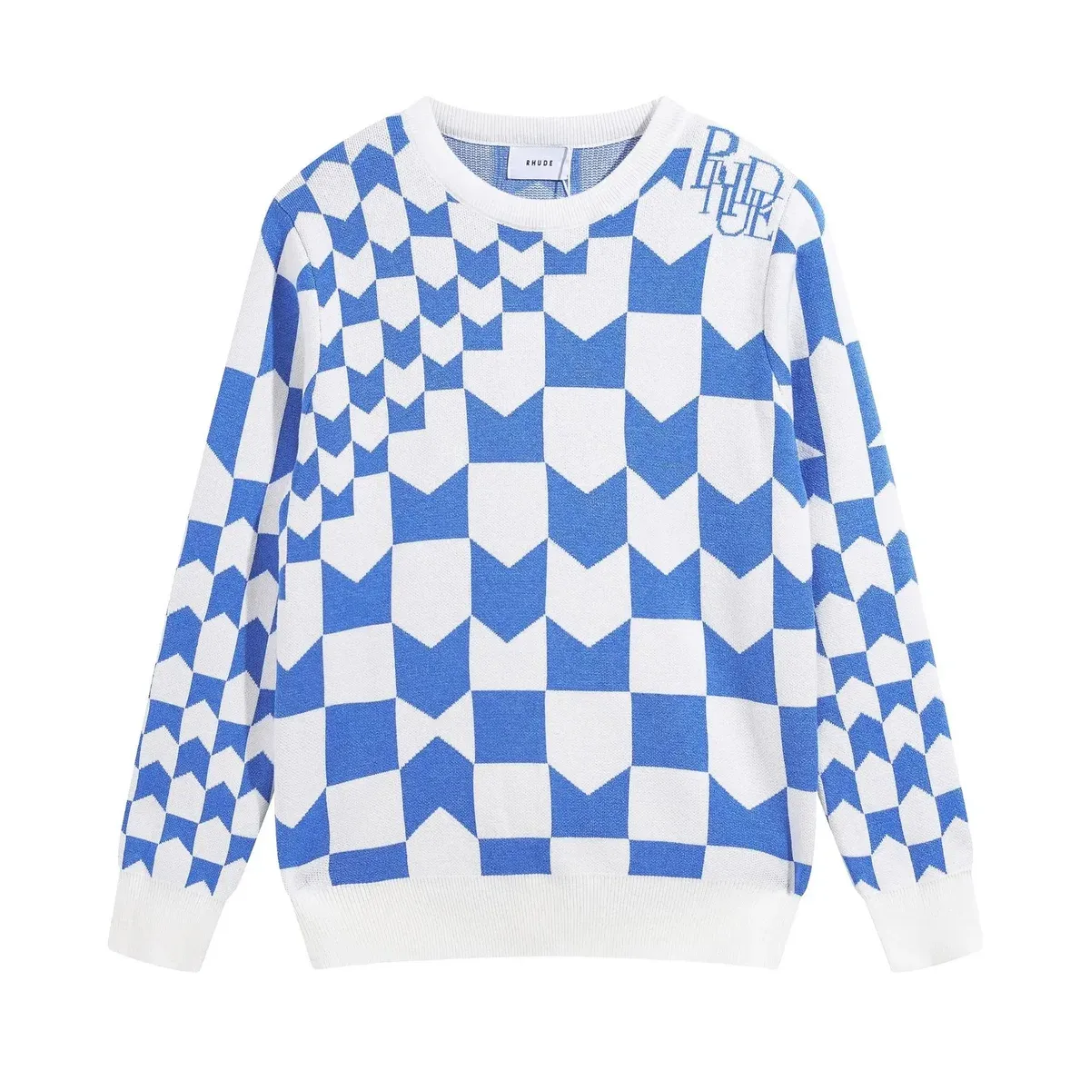 Rhude Rhecess Blue & White Checkerboard Knit Sweater