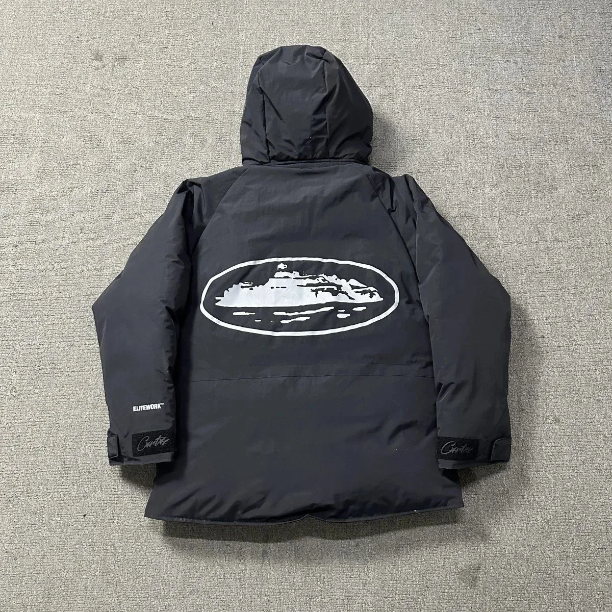 Black Mid-Length Parka with Oval Logo