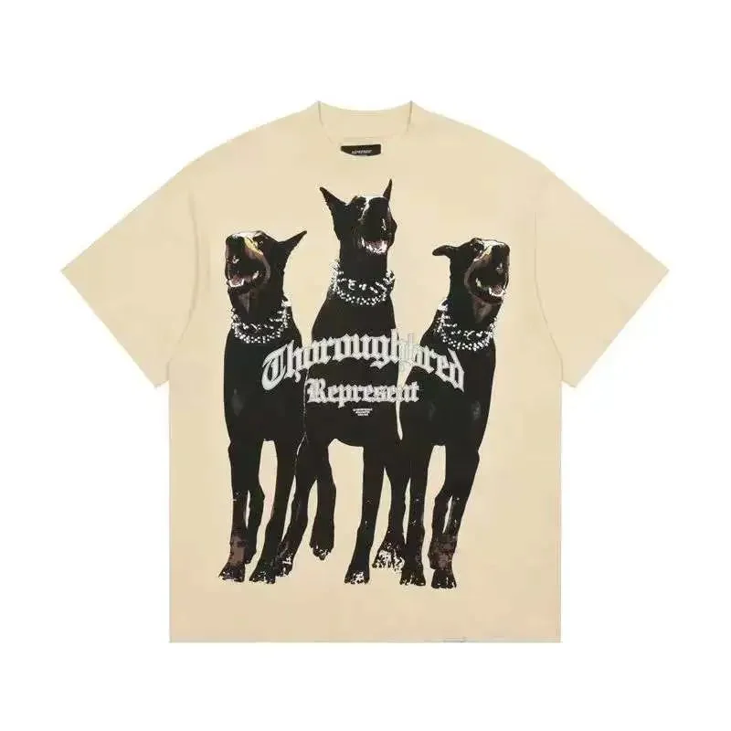 Unisex Beige 'Thoroughbred Represent' Dog Print T-Shirt