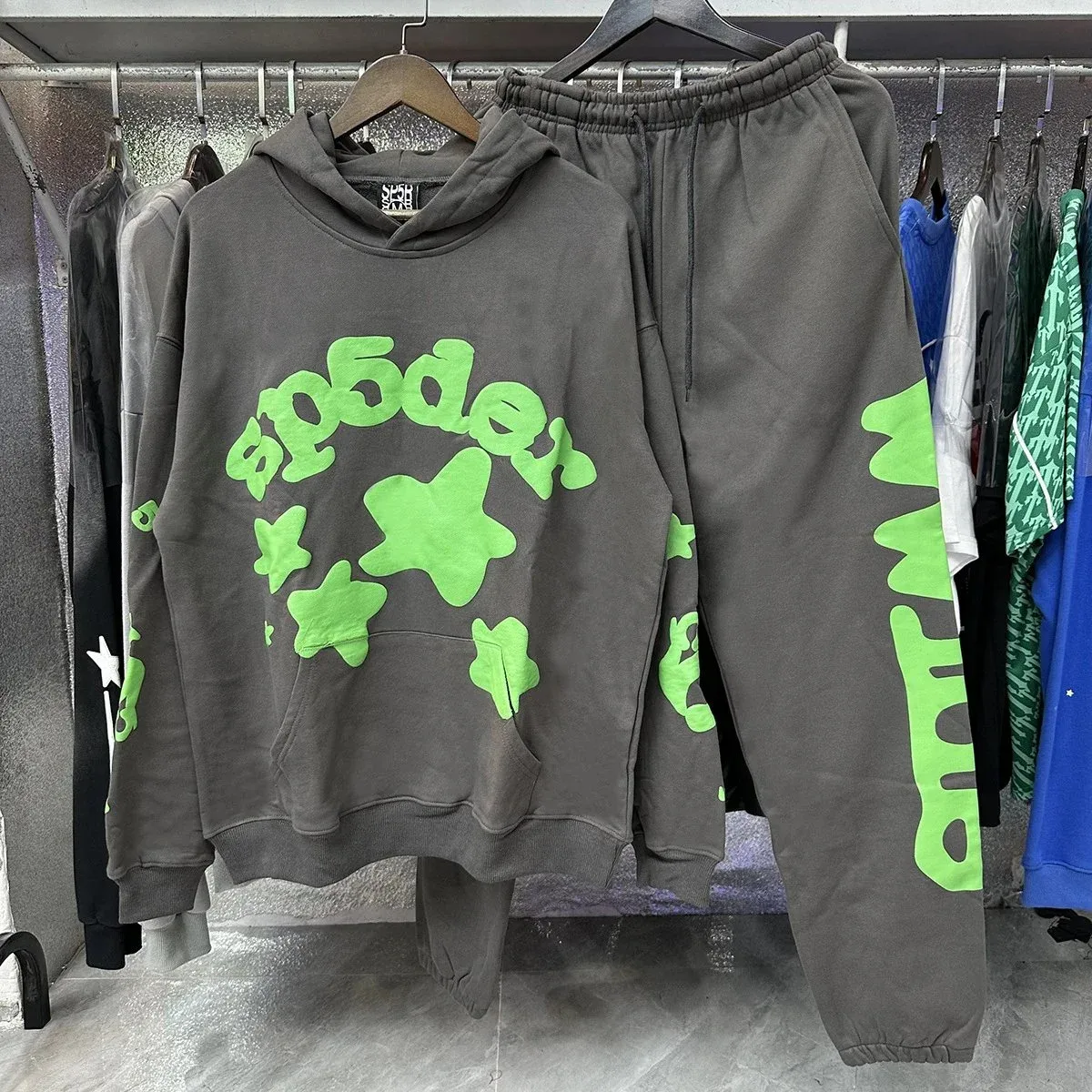 Streetwear Tracksuit Set Green Stars Grey