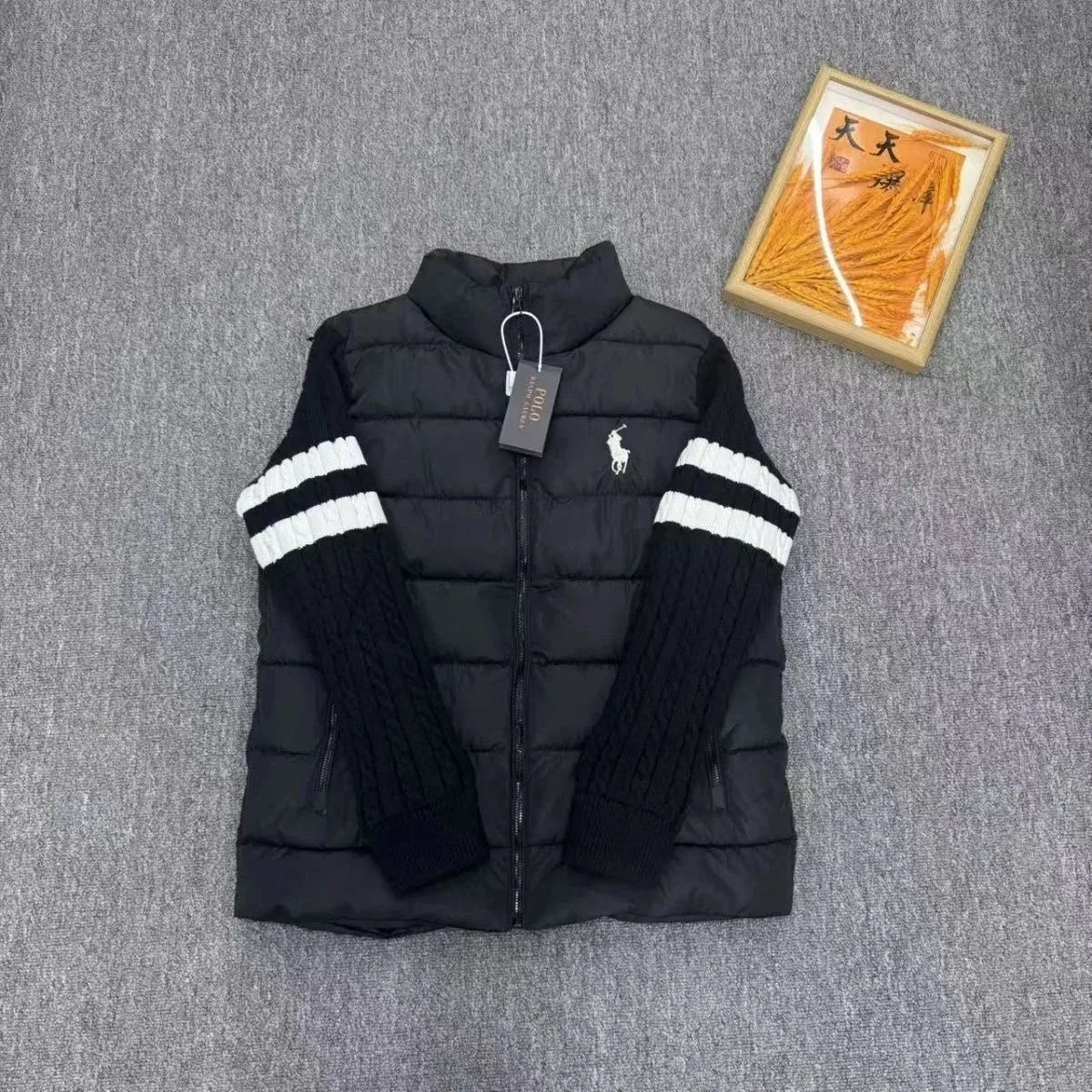 Polo Ralph Lauren Black & White Knit Sleeve Puffer Jacket