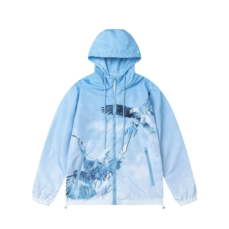 Light Blue Eagle Print Windbreaker Jacket