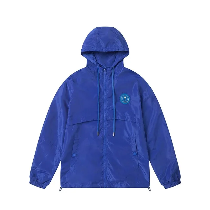 Blue Windbreaker Jacket with Hood and Logo Patch
