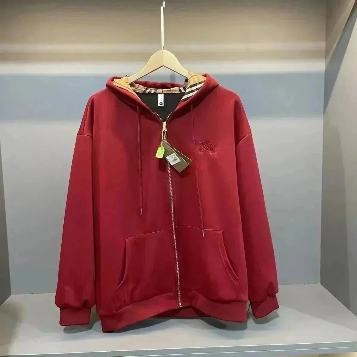 Burberry Red Zip-Up Hoodie with Check Lining