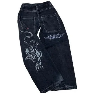 Dark Denim Jeans with Tribal Dragon Embroidery