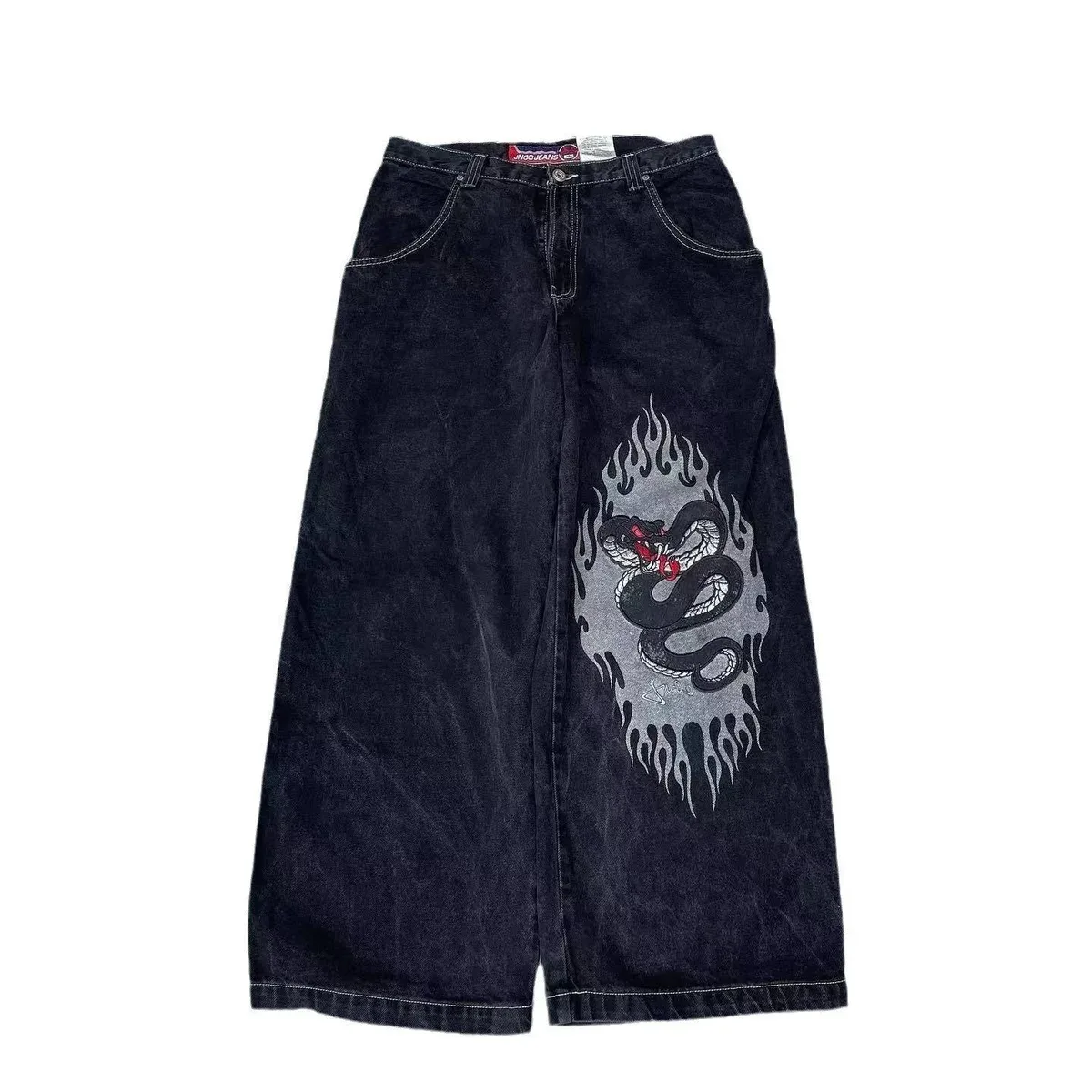 Black Snake Flame Print Wide Leg Jeans