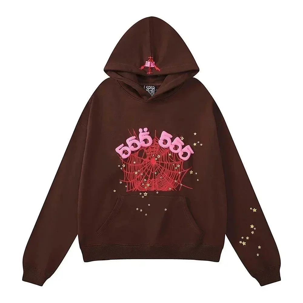 Unisex 8203 Coffee Brown Hoodie with Spider Web Print
