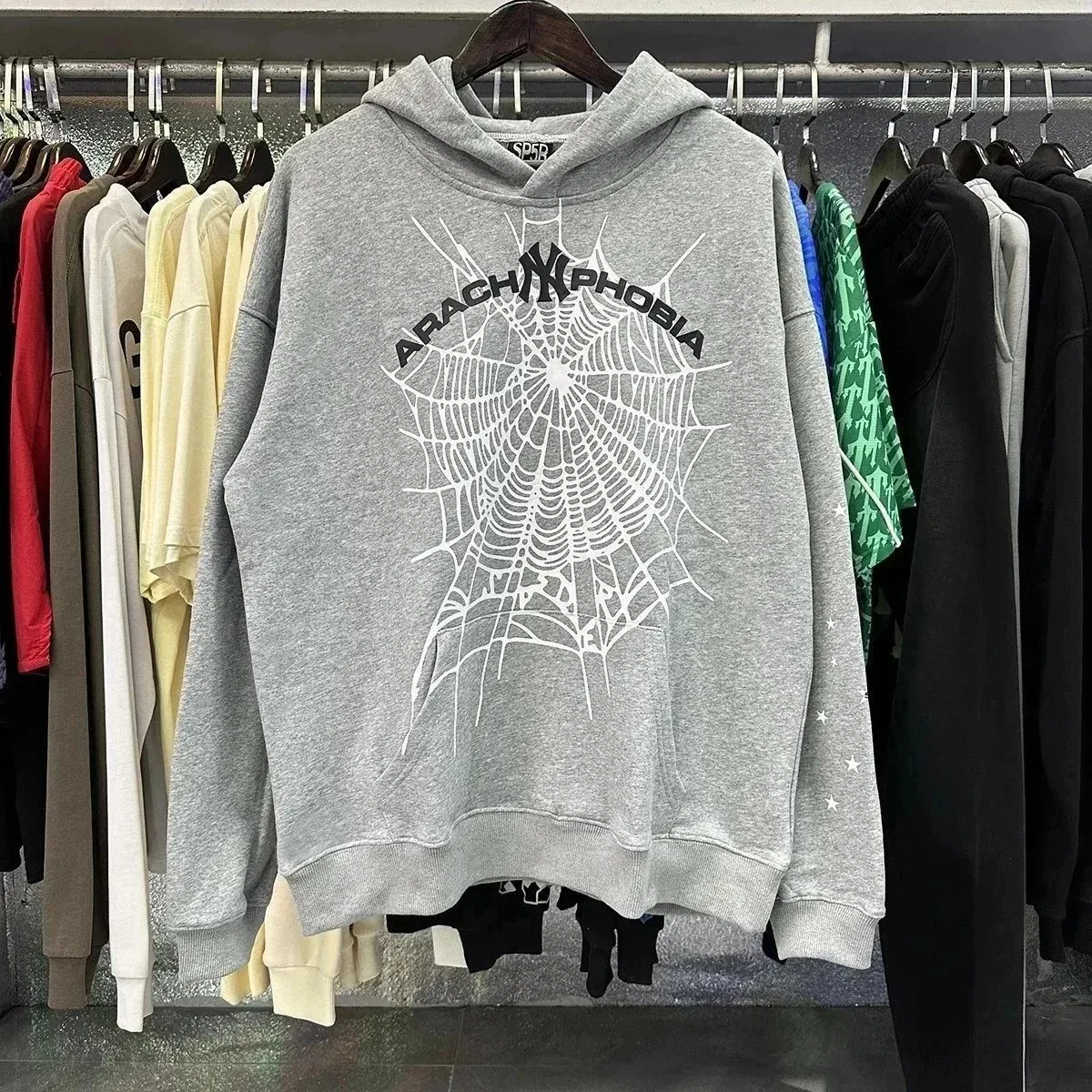 Unisex Grey 'Arachnophobia' Spider Web Print Hoodie