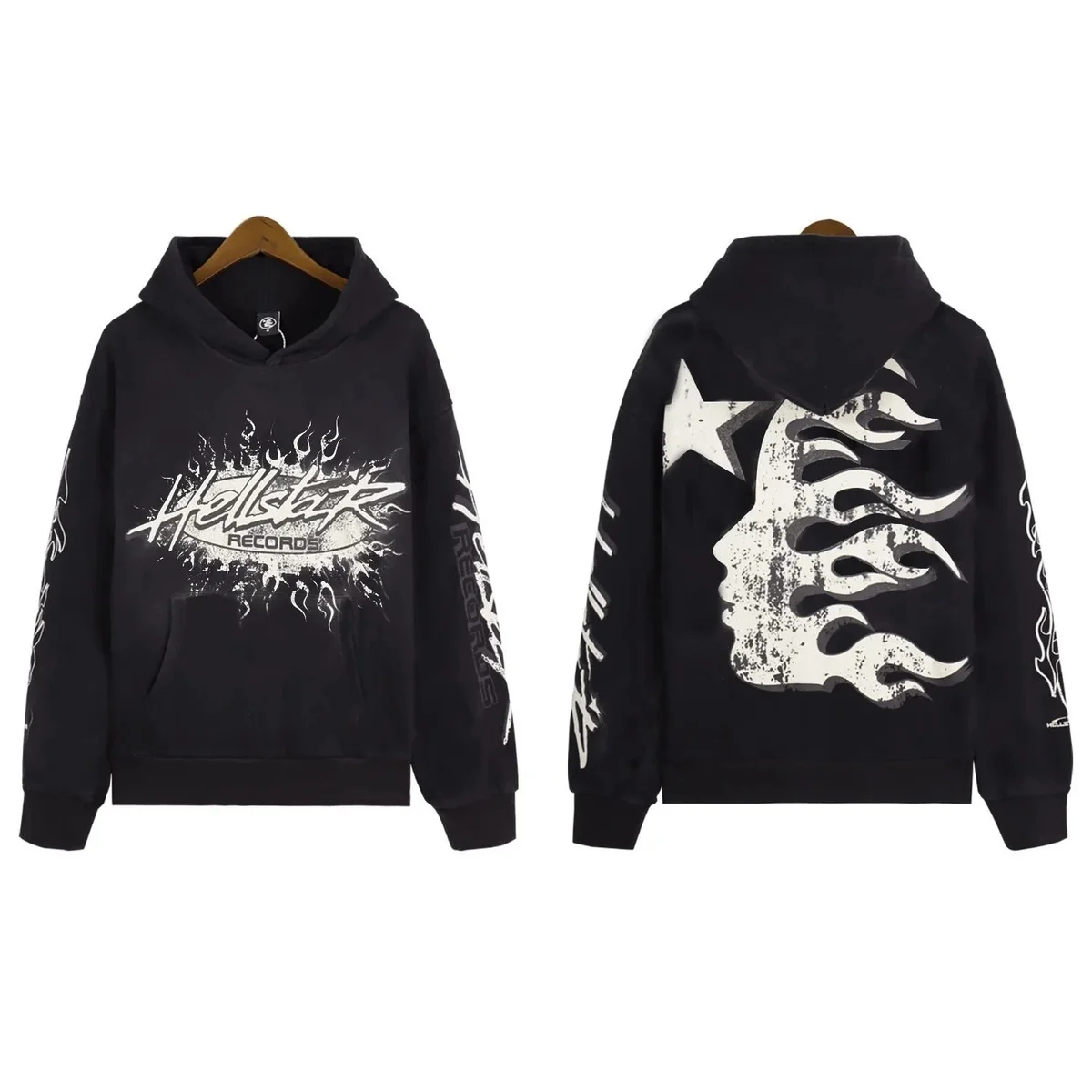 Hellstar Studios Triple Black Hoodie with Flame Print