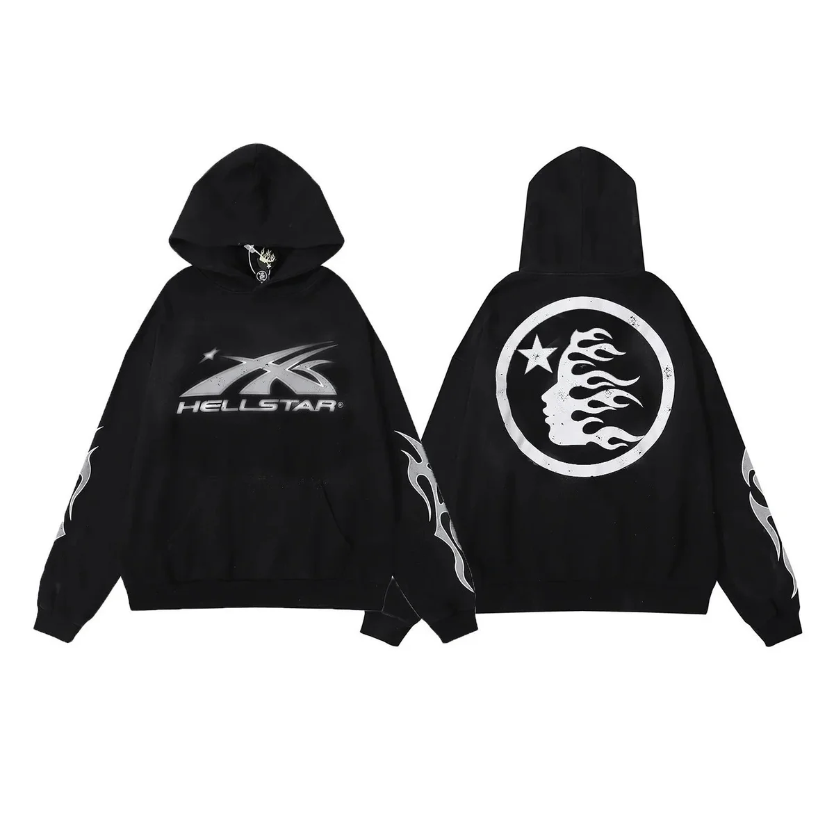 Hellstar Triple Black Hoodie with Flame & Moon Print