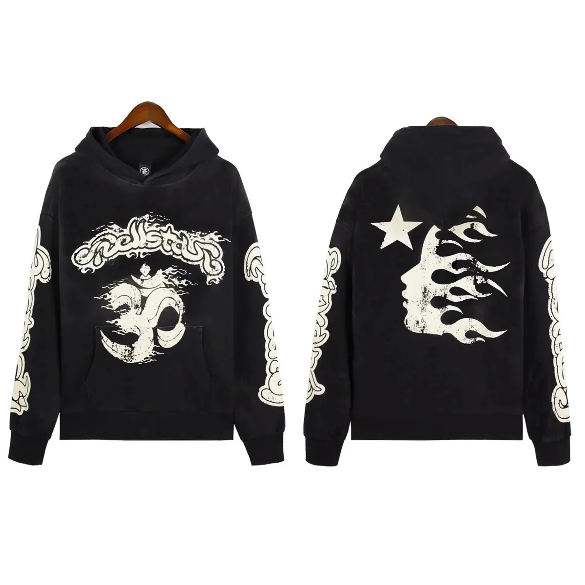 Unisex Black Om Symbol Hoodie with Flame Print