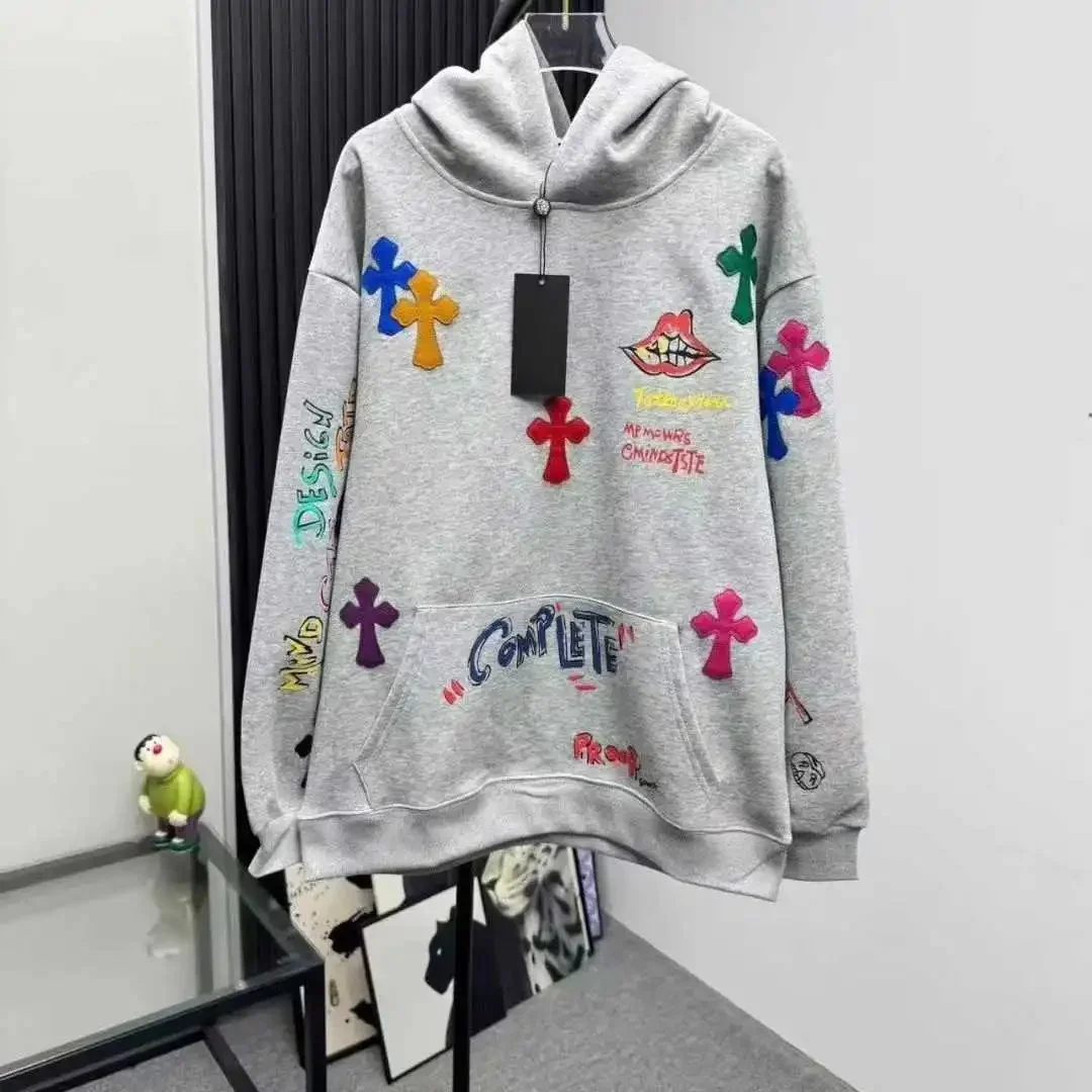 Unisex Grey Cross Embroidery Hoodie 55y