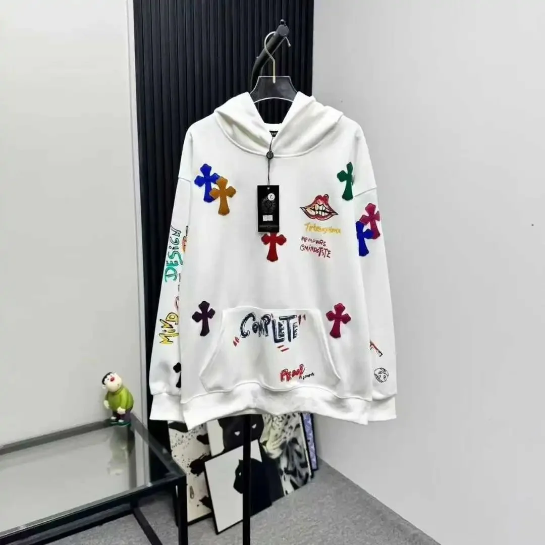 Unisex White Hoodie with Cross Embroidery and Graphic Prints