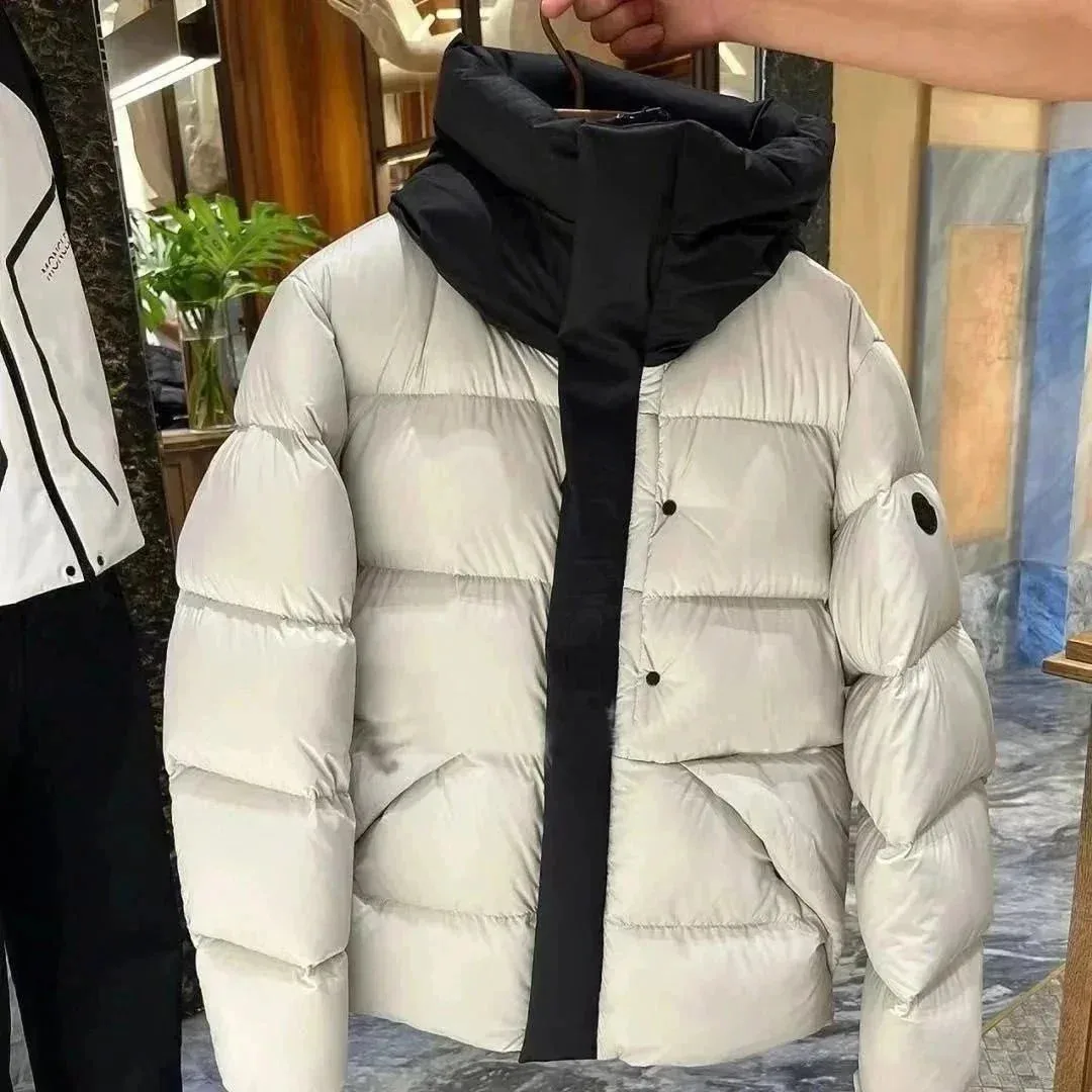 White Hooded Puffer Jacket with Black Scarf