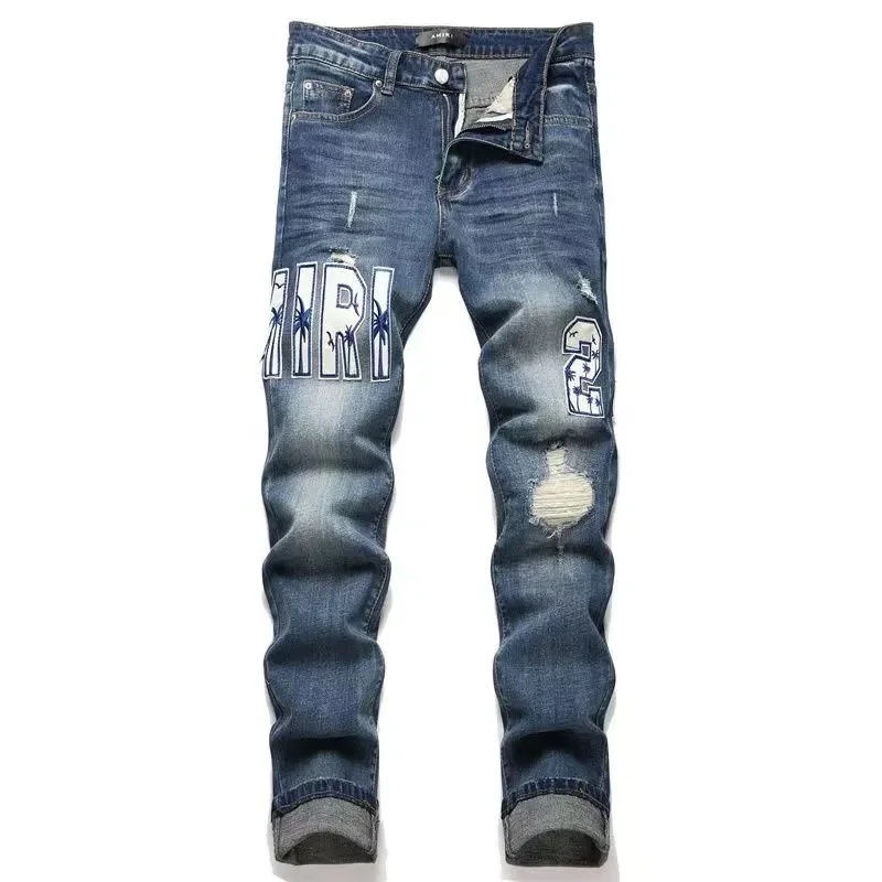 Unisex Distressed Jeans with Palm Tree Embroidery