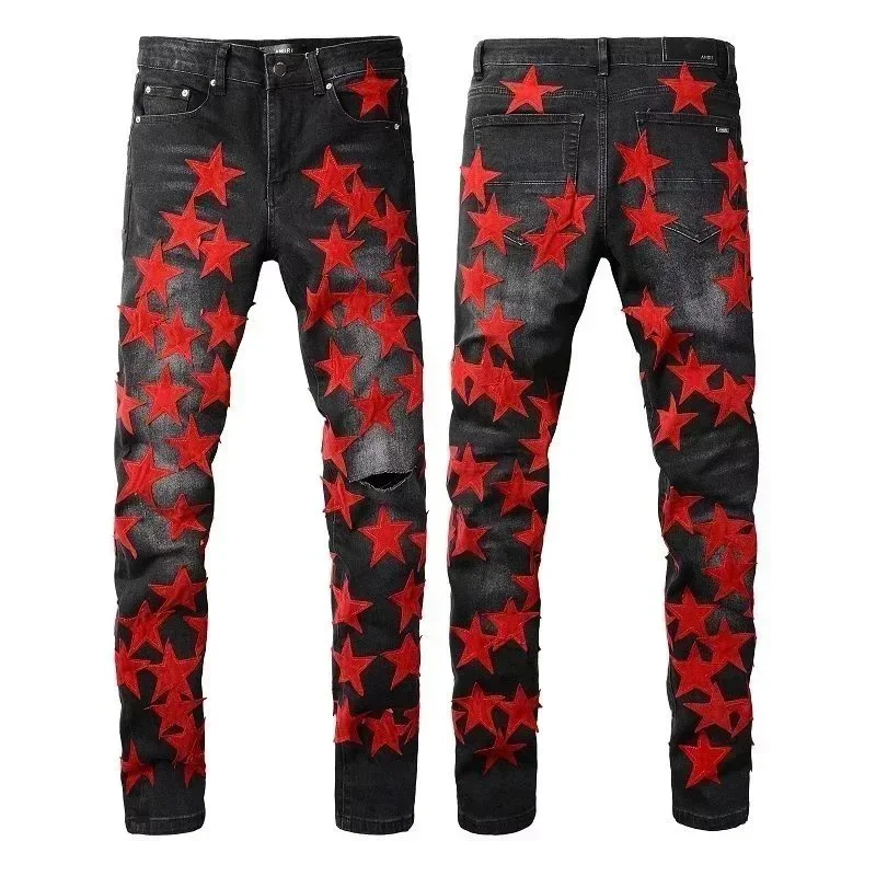 Star Embroidered Jeans Black Red Denim Bottoms