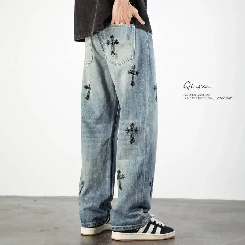 Qinglan Cross Embroidered Jeans Light Blue