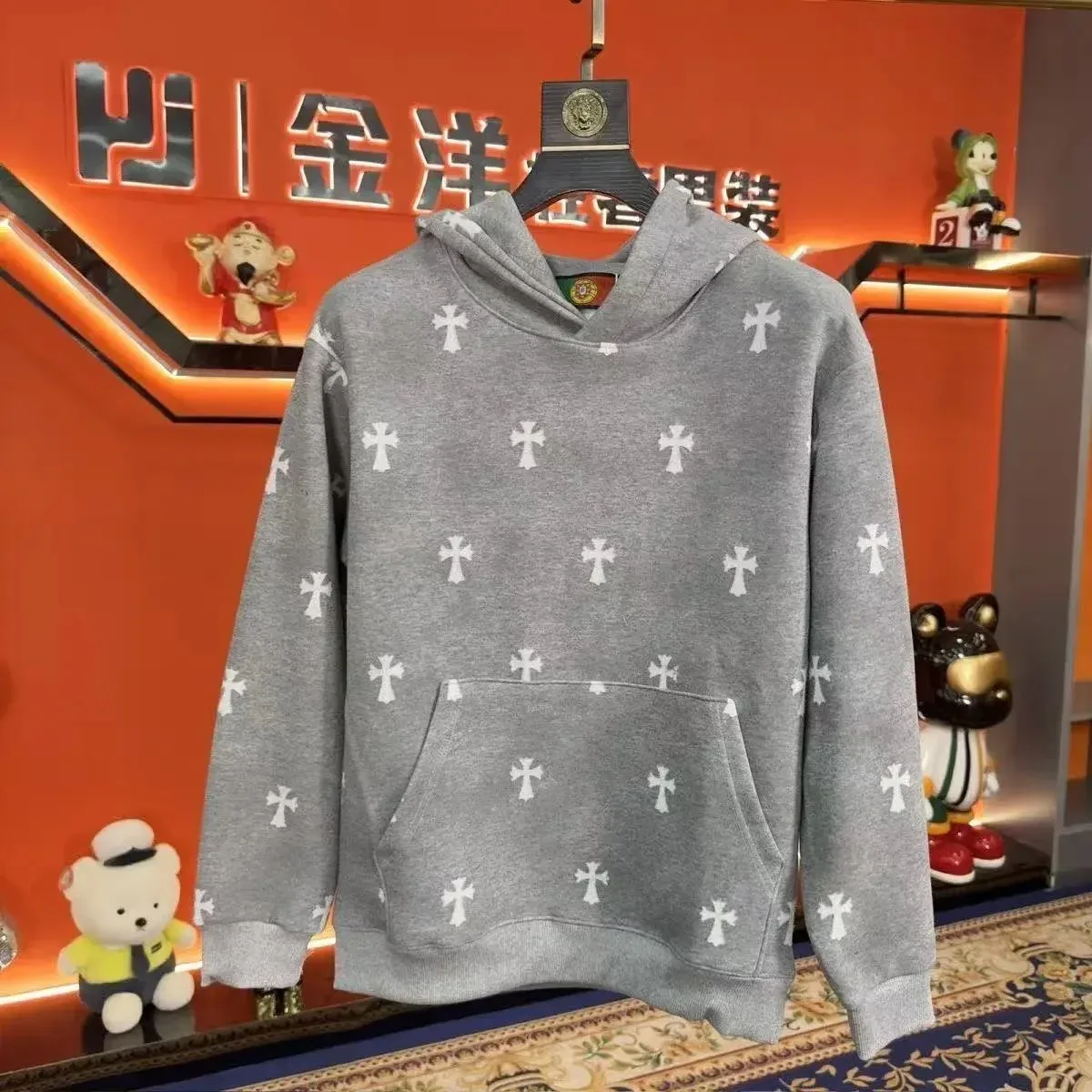 Chrome Hearts CH Cross Grey Hoodie with White Cross Pattern