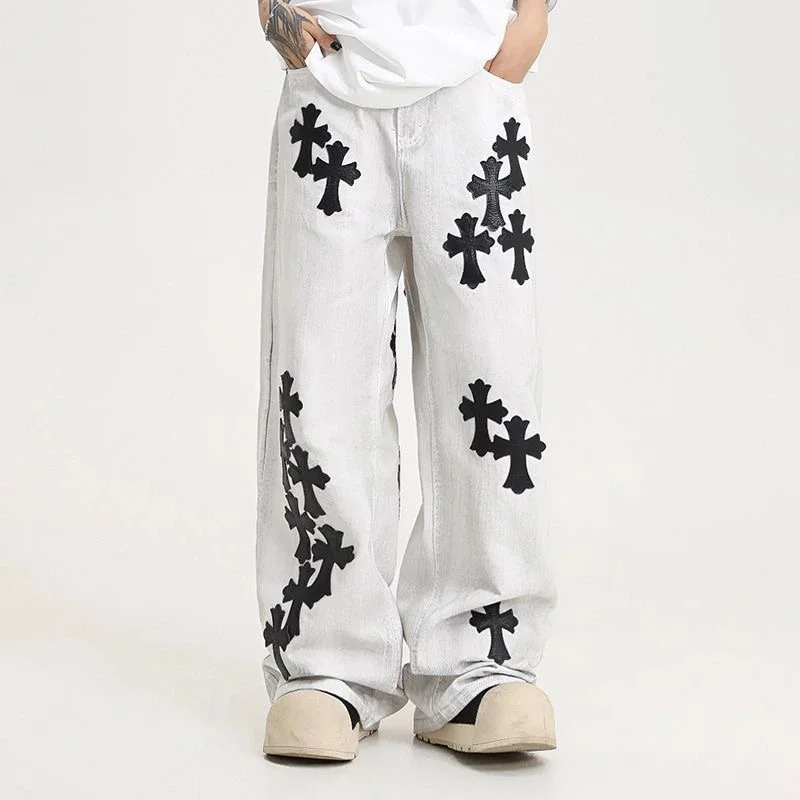 White Cross Embroidered Jeans