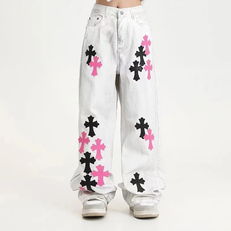White Cross Applique Denim Jeans