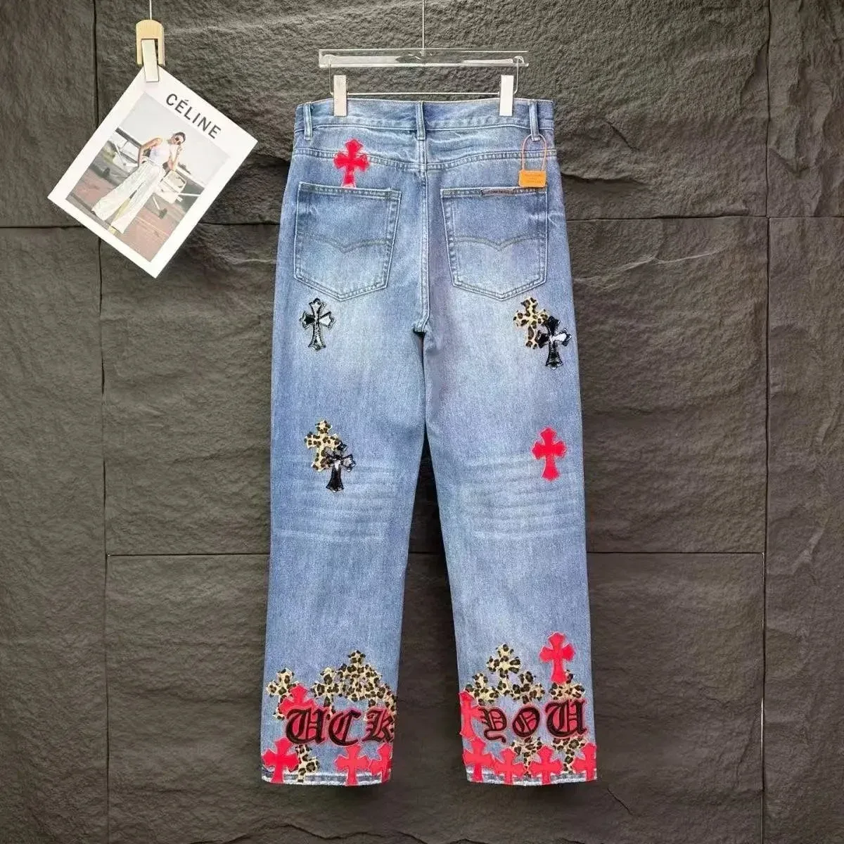 Celine Cross Embroidered Denim Jeans