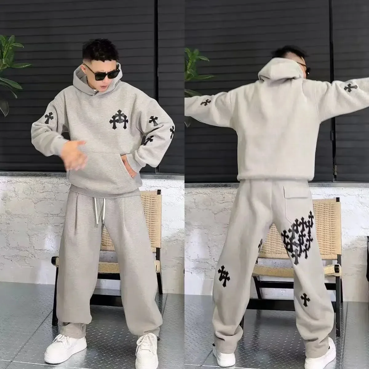 Chrome Hearts Cross Hoodie & Pants Set in Grey