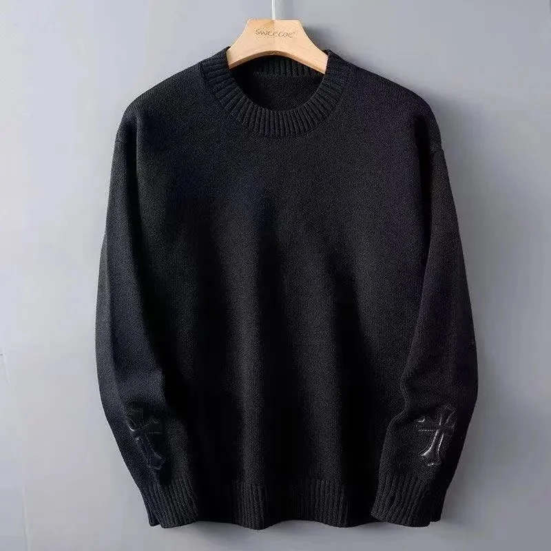 Black Cross Embroidery Knit Sweater A
