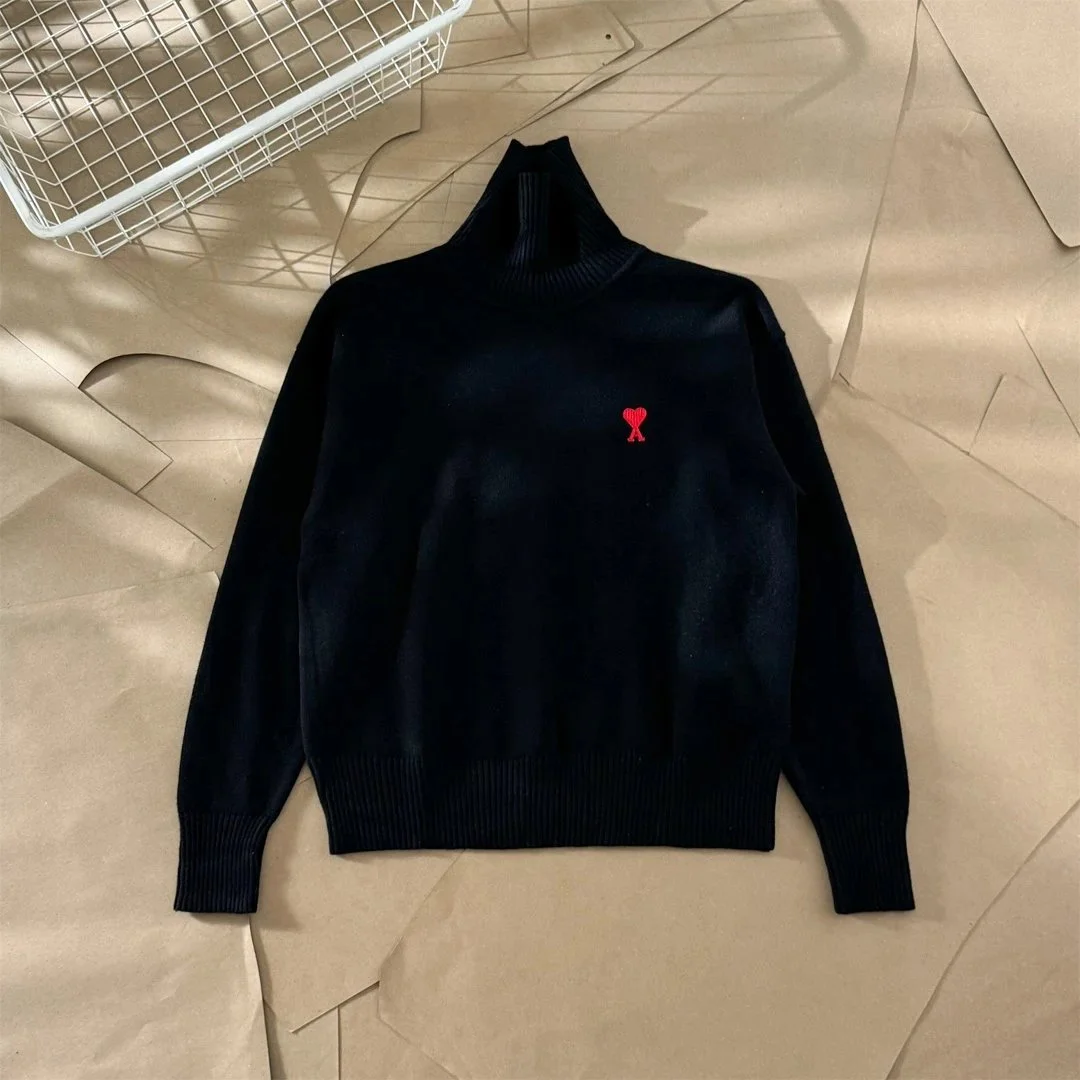Ami Paris Black Red Heart Turtleneck Sweater
