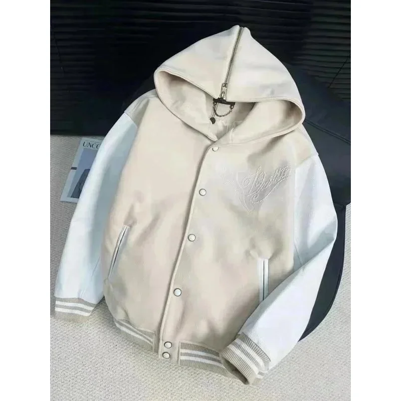 Unisex Beige & White Varsity Jacket with Embroidery