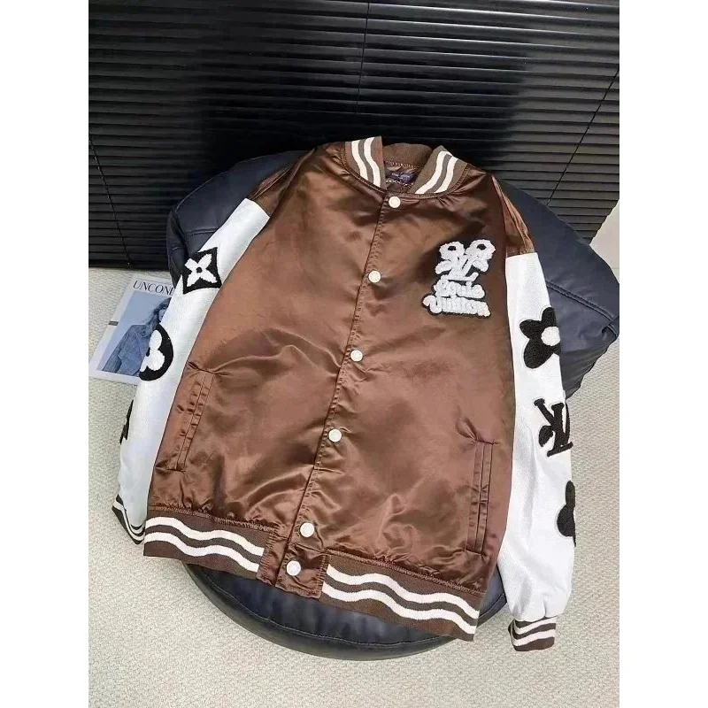 Unisex Brown & White Satin Baseball Jacket with Embroidered Patches